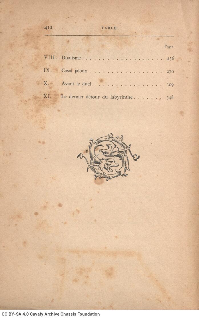 19 x 12 εκ. 8 σ. χ.α. + 412 σ. + 4 σ. χ.α., όπου στη ράχη η τιμή του βιβλίου “3 fr. 50�